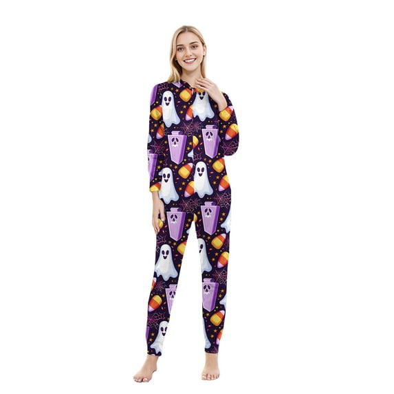 SDNall Family Halloween Jumpsuit Woman Halloween Fashion Cute Ghost Print Plush Long Sleeved Jumpsuit Family Parent-Child Wear Mom