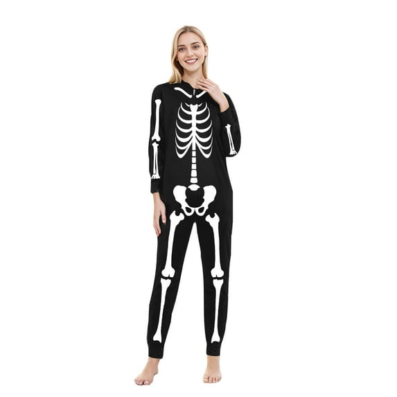 SDNall Family Halloween Jumpsuit Woman Halloween Fashion Cute Skeleton Print Plush Long Sleeved Jumpsuit Family Parent-Child Wear Mom