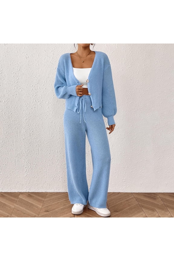 Fashion Women's V-Neck Long Sleeve Cardigan, Solid Color, Loose Fit, Knitwear Set with Pants