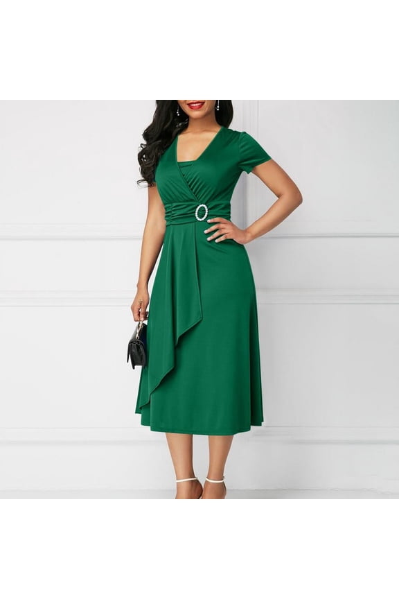 Formal Dresses for Women 2024 Bridesmaid Dresses for Women 2024 Solid Color Short Sleeve V-Neck Dress High Waisted Midi Dress (Green,Sizes:S-5XL)