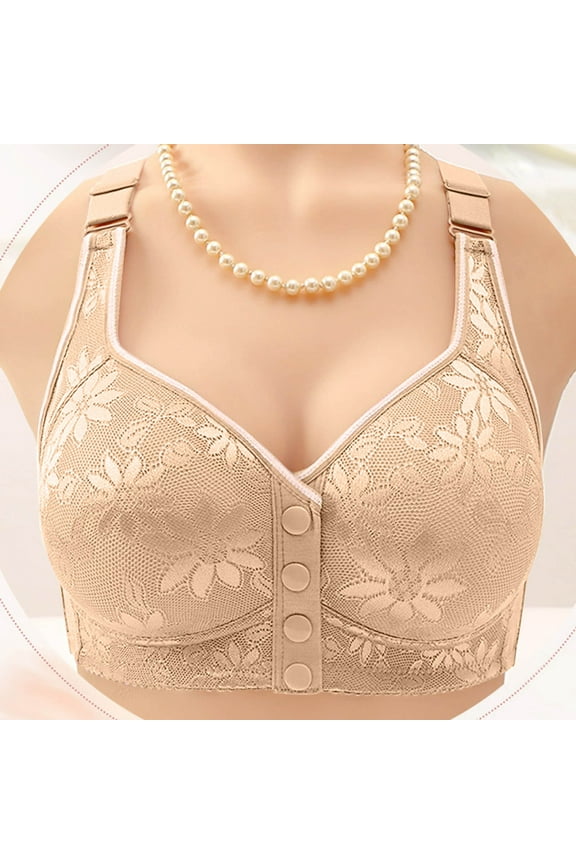 Front Closure Bralette for Women, Embroidered Mesh Thin Comfort Wirefree Large Size Bra in Beige