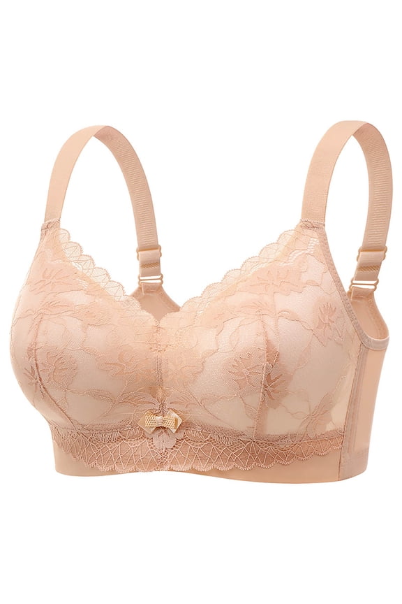Full Coverage Bra for Women with Lace Back and Side Support, Minimizer Underwire for Plus Size in Beige