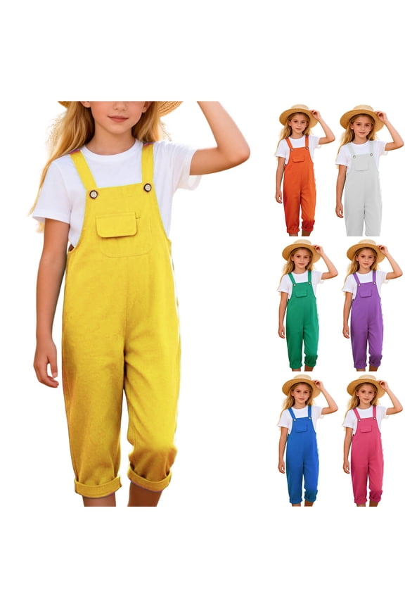 Girls Adjustable Button Strap Bib Overall Pants, Soft Solid Color Relaxed Cropped Full Length Long Pants with Front Patch Pocket, Farm Trips Outings Versatile Bottoms for Girls Ages 2-16