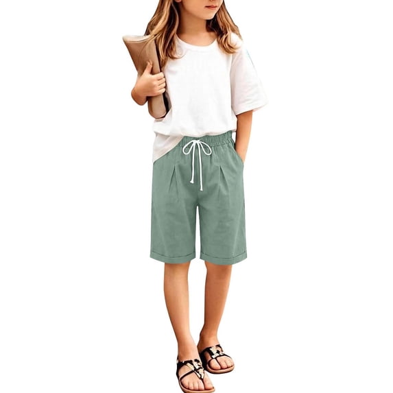 SDNall Girls Denim Elastic Drawstring Shorts, Side Slip Pocket Bermuda Short Pants for Girls, Summer Versatile Casual Bottoms for Play Ages 4-15