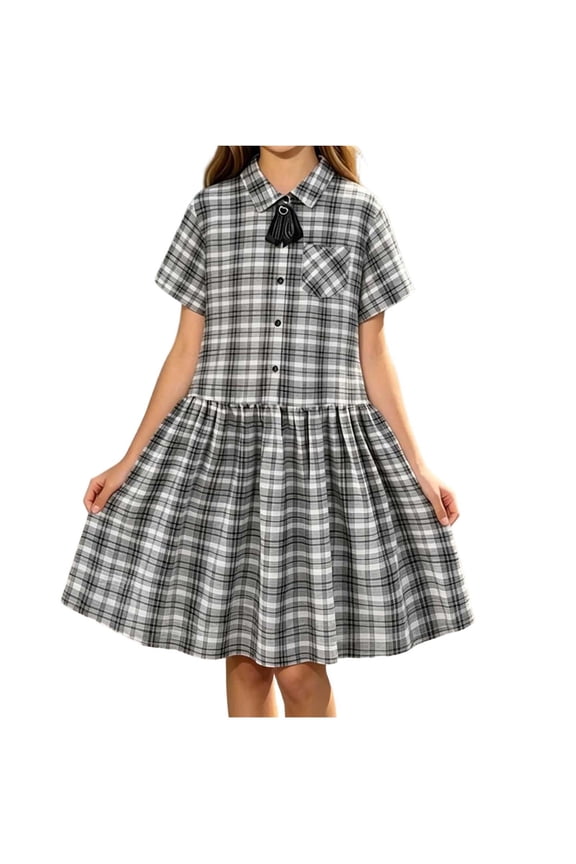 Girls Plaid Uniform Dress, Lapel Collared Front Bow Chest Pocket Relaxed Flared Skirt Breathable Casual Sundress, School Daily Playdate Outdoor Holiday Dresses for Girls 5-15 Years