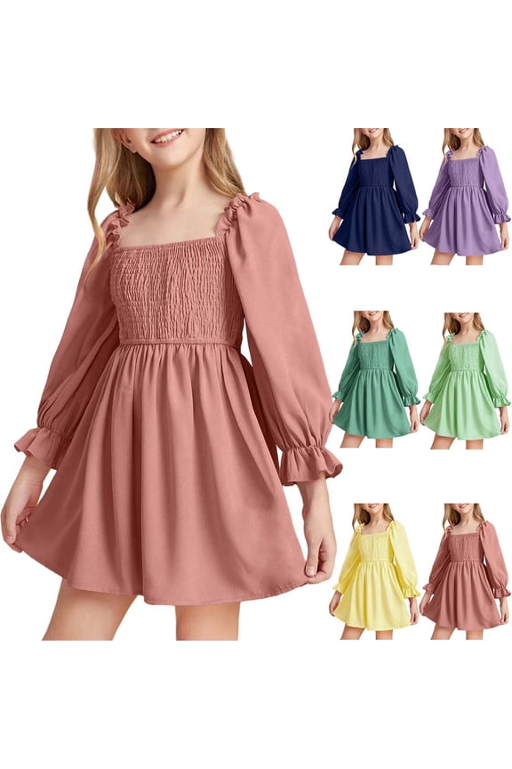 Girls Puff Long Sleeve Ruffle Cuff Casual Dress, Solid Color Square Neck Elastic Waist A-Line Smocked Soft Breathable Sundress, Birthday Party Daily Wear Dresses for Girls 2-13 Years