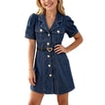 thumbnail image 1 of SDNall Girls Puff Sleeve Denim Shirt Dress, Collared Front Button Placket Belted Waist Soft Stretchy Casual Sundress, Campus Playdate Family Trips Daily Summer Dresses for Girls 1-14 Years, 1 of 7