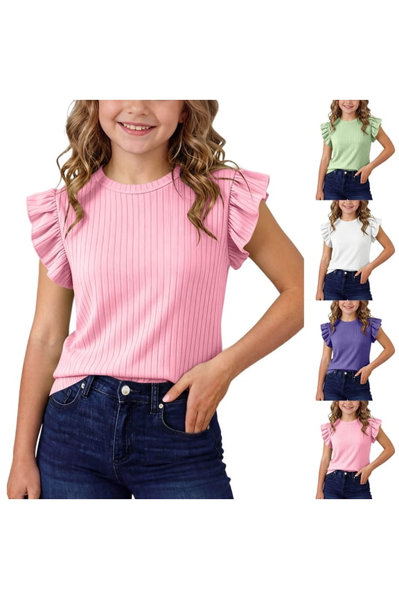 Girls Ruffle Cap Sleeve Ribbed T Shirt, Soft Lightweight Casual Ribbed Knit Tops, Kids Fashion Tees for School Play & Everyday Outings Ages 1-12