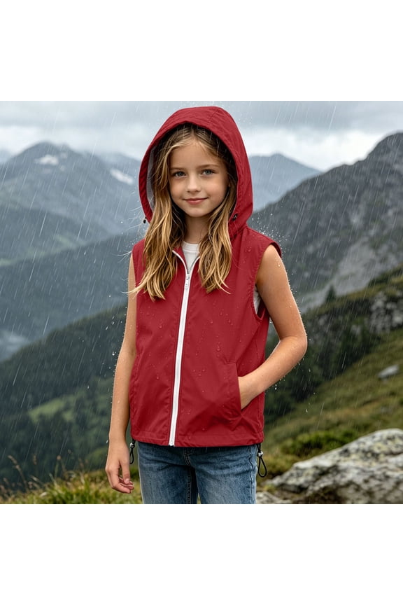 Girls Teen Drawstring Hooded Vest, Casual Solid Color Rainy Outdoor Sleeveless Waterproof Coat, Hiking Daily Pocket Outerwear Coat 5-16 Years