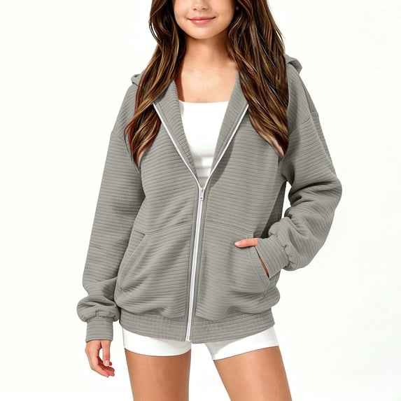 SDNall Girls Teen Full Zip Hooded Jacket, Solid Cotton Casual Loose Outerwear Tops, Everyday School Outdoor Outerwear Coat with Pockets 5-15 Years