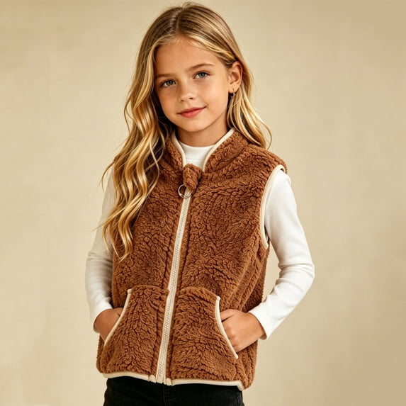 SDNall Girls Toddler Full Zip Fleece Sleeveless Outerwear, Casual Sleeveless Outerwear Gilet, Fall Winter Daily Indoor and Outdoor Vest with Pocket 1-10 Years