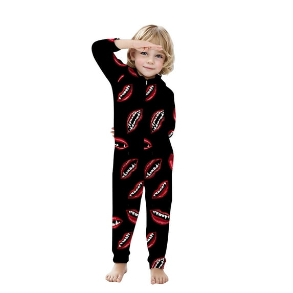 SDNall Halloween Family Pajamas Boys Girls Halloween Fashion Mouth Print Plush Long Sleeved Jumpsuit Family Parent-Child Wear Kid