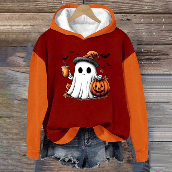 SDNall Halloween Print Hooded Sweatshirt - Loose Fit, Casual, Spooky Fun Design