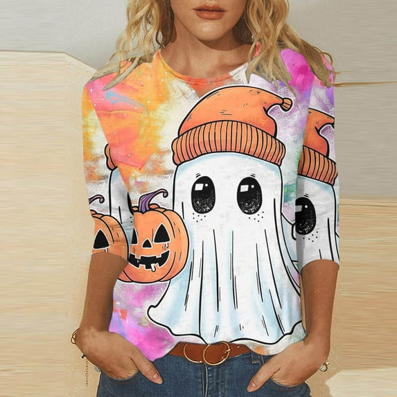 SDNall Halloween Shirts for Women 2024 Ghosts Pumpkin Print Cute Funny Graphiccrewneck 3/4 Sleeve Tops Halloween Gift T Shirt (S-XXXL,Pink)