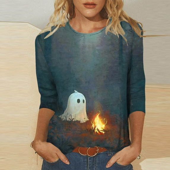 SDNall Halloween Shirts for Women Funny Cute Ghosts Print Cute Funny Graphiccrewneck 3/4 Sleeve Tops Halloween Gift T Shirt (S-XXXL,Black)