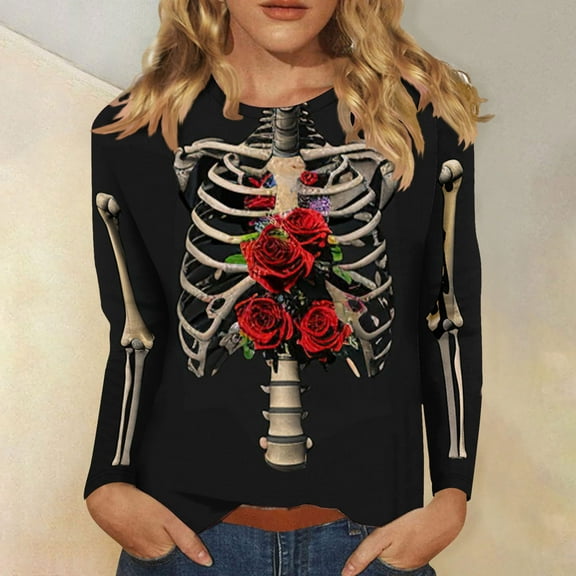 SDNall Halloween Sweatshirts for Women Skeleton Graphic 2024 Halloween Women Fashion Tees Casual Round Neck Loose Cute T-Shirt Long Sleeve Ladies Top