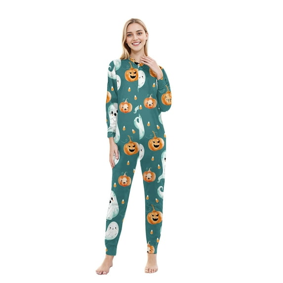 SDNall Hallowen Family Jammies Woman Hallowen Fashion Cute Pumpkin Print Plush Long Sleeved Jumpsuit Family Parent-Child Wear Mom