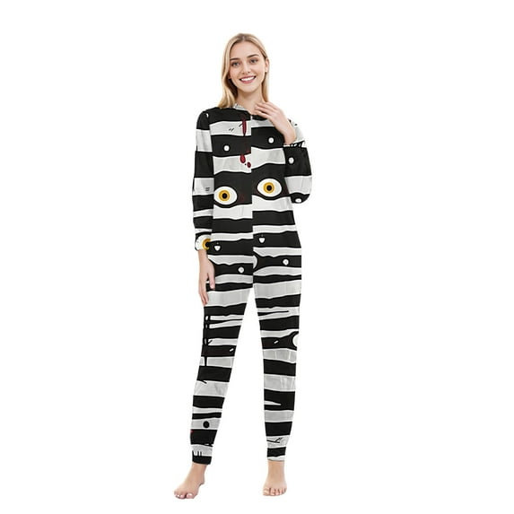 SDNall Hallowen Family Pajamas Woman Hallowen Fashion Cute Bandage Print Plush Long Sleeved Jumpsuit Family Parent-Child Wear Mom