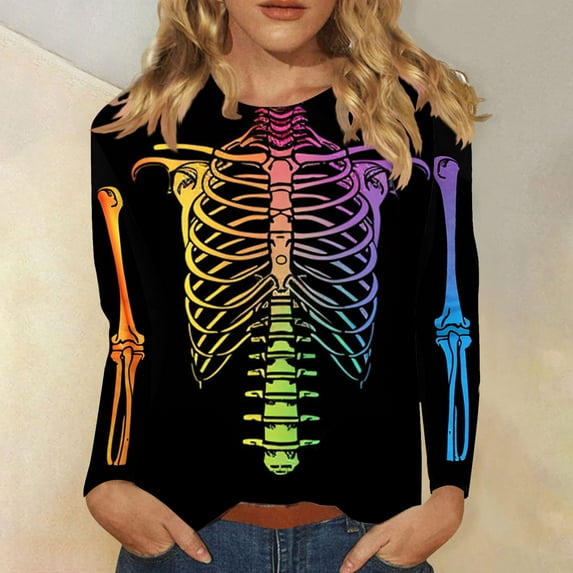 SDNall Hallowen Tops for Women Skeleton Graphic 2024 Hallowen Women Fashion Tees Casual Round Neck Loose Cute T-Shirt Long Sleeve Ladies Top
