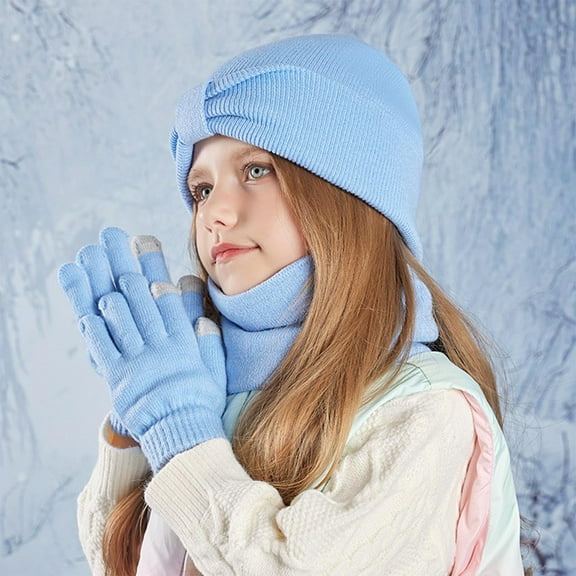 SDNall Hat and Gloves for 3-8Years Winter Solid Color Childrens Scarf Hat Gloves Three Piece Hat Set for Male and Female Babies