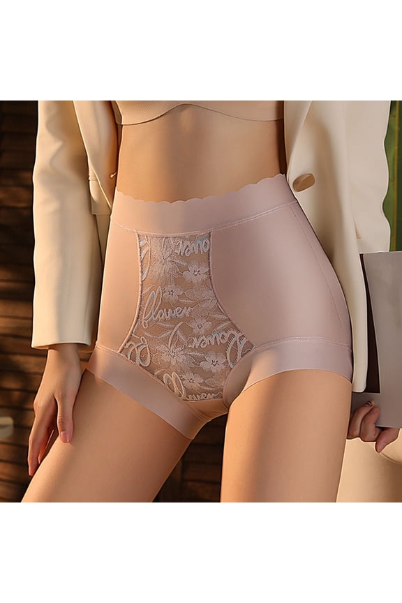 High-Waist Briefs for Women with Lace Netting, Solid Color Ventilated Underwear in Silky Fabric for Daily Wear