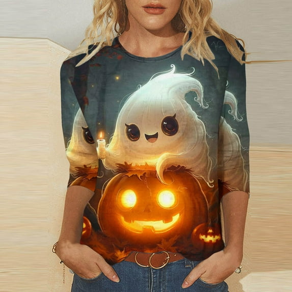 SDNall Holiday Shirts for Women Ghosts Pumpkin Print Cute Funny Graphiccrewneck 3/4 Sleeve Tops Halloween Gift T Shirt (S-XXXL,Navy)