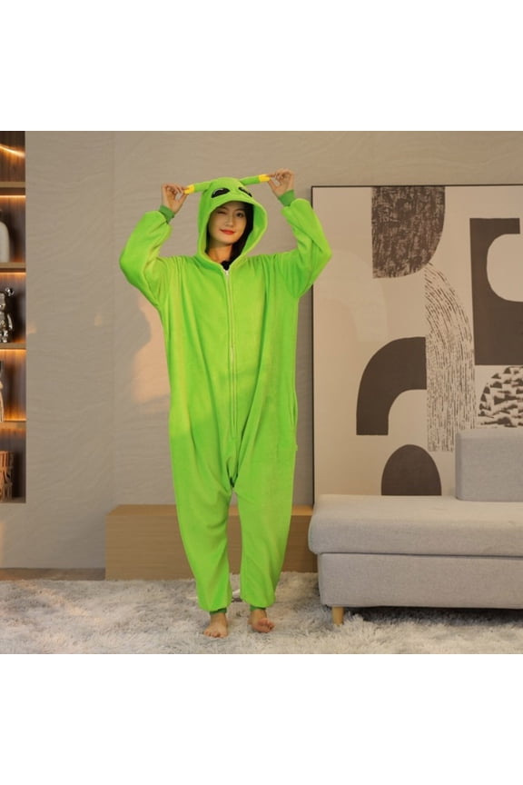 Hooded Onesie Pajamas for Women, Casual Long Sleeve Solid Color Loungewear, Green Alien Print, Soft Fleece Sleepwear for Winter