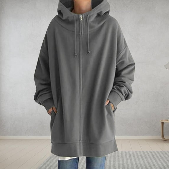 SDNall Hoodies for Women Solid Color Hoodie Zipper Long Sleeve Sweatshirts Long Coat Tops with Pockets (Gray, Sizes S-XXXXL)