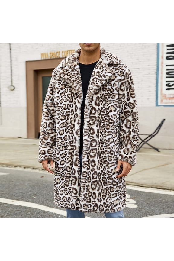Jackets for Men, Mens Winter Coats, Winter Jackets for Men, Mens Warm Faux Furry Long Coat Jacket Winter Leopard Turn Down Collar Outerwear, Down Jacket Men, Mens Coats and Jackets