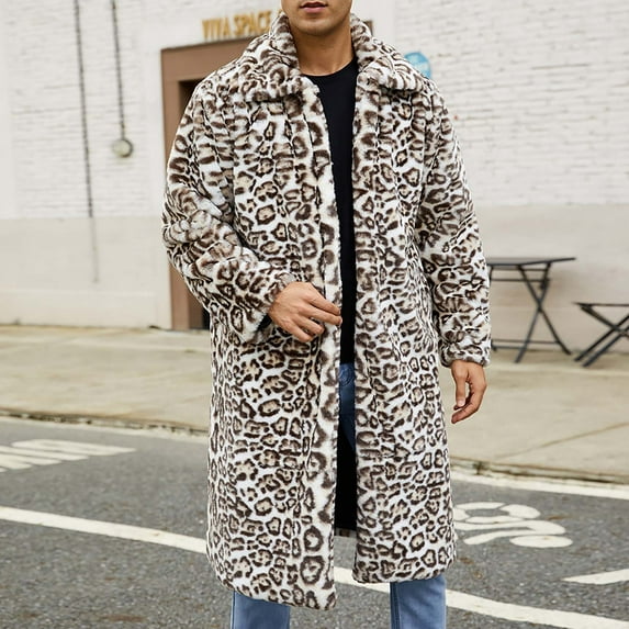 SDNall Jackets for Men, Mens Winter Coats, Winter Jackets for Men, Mens Warm Faux Furry Long Coat Jacket Winter Leopard Turn Down Collar Outerwear, Down Jacket Men, Mens Coats and Jackets