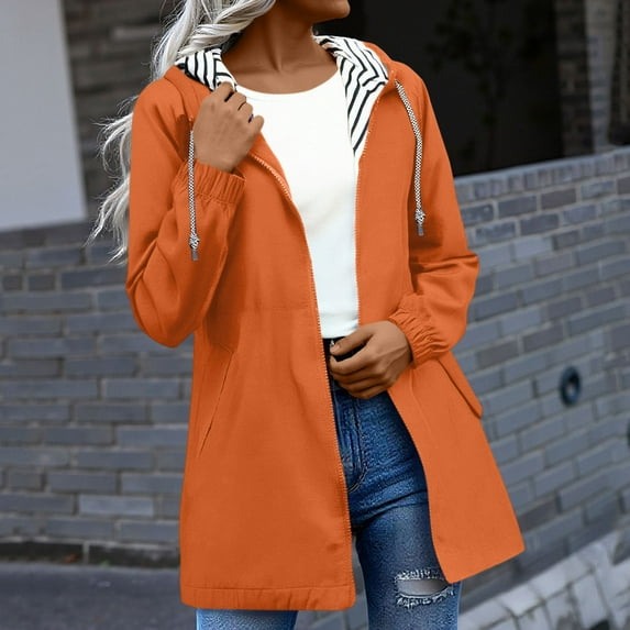 SDNall Jackets for Women, Coats for Women, Rain Coats for Women, Women Solid Color Rain Jacket Outdoor Hooded Windproof Loose with Pocket Coat, Rain Jacket Women, Jackets for Women Fashion