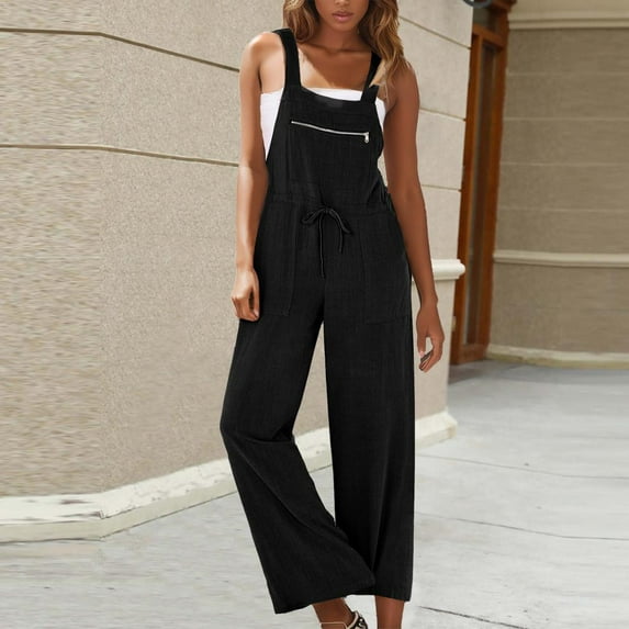 SDNall Jumpsuit for Women Sleeveless Loose Overalls Rompers Cotton Linen Wide Leg Jumpsuits Rompers for Women