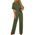 thumbnail image 1 of SDNall Jumpsuits for Women Dressy Solid Color Short Sleeved Jumpsuit Crew Round Neck Jumpsuit with Belt Long Wide Leg Pantsuits Fall Winter Womens Jumpsuits Dressy (Army Green,Sizes：S-XXL), 1 of 9