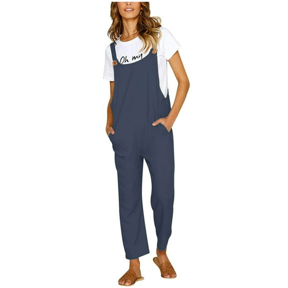 SDNall Jumpsuits for Women Casual Casual Sleeveless Pockets Linen Rompers Long Playsuit Party Jumpsuits Womens Romper Sizes:S-2XL