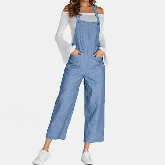 SDNall Jumpsuits for Women Casual Fashion Casual Pocket Romper Long Playsuit Strap Button Jumpsuit Womens Romper Sizes:S-2XL