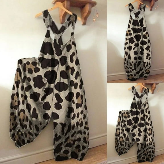 SDNall Jumpsuits for Women Casual Leopard Print Romper Long Playsuit Strap Button Loose Overalls Jumpsuit Womens Romper Sizes:S-2XL