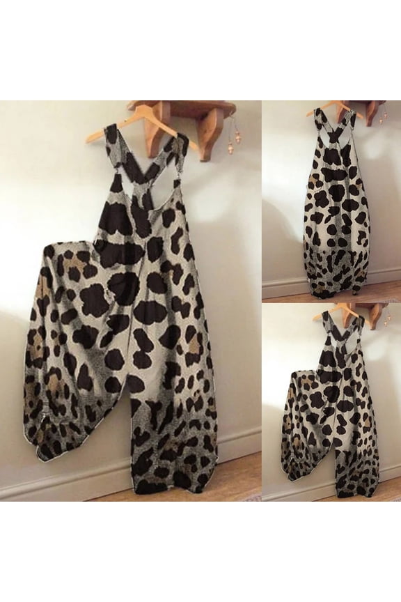 Jumpsuits for Women Casual Leopard Print Romper Long Playsuit Strap Button Loose Overalls Jumpsuit Womens Romper Sizes:S-2XL