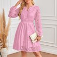 thumbnail image 1 of SDNall Knee Length Dress, Womens Dress Shoes, Floral Embroidered Dress, Womens V-Neck Hollowed Eyelets Embroidered Pleated Long Sleeved Dress Long Sleeved V-Neck Knee Length Dress, 1 of 4