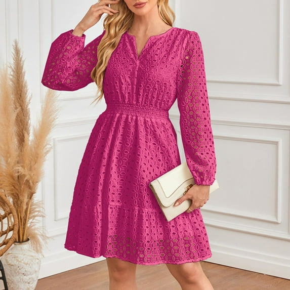 SDNall Knee Length Dress, Womens Dress Shoes, Floral Embroidered Dress, Womens V-Neck Hollowed Eyelets Embroidered Pleated Long Sleeved Dress Long Sleeved V-Neck Knee Length Dress