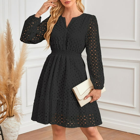 SDNall Knee Length Dress, Womens Dress Shoes, Floral Embroidered Dress, Womens V-Neck Hollowed Eyelets Embroidered Pleated Long Sleeved Dress Long Sleeved V-Neck Knee Length Dress