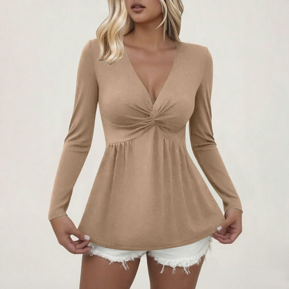 SDNall Knotted Tops For Women，Women V-Neck Front Blouse Shirt Long Sleeve Elegant Casual T-Shirt Solid Color Pullover Tops