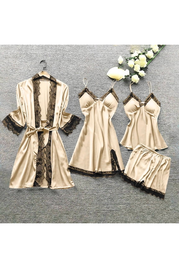 Lace Trim Sleepwear Set for Women, 4-Piece Robe with Built-In Bra, Shorts, and Slip Dress for Valentine's Day or Honeymoon