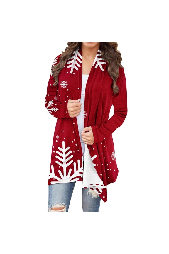 Ladies' Christmas Print Long Sleeve Cardigan Top - Casual Winter Jacket
