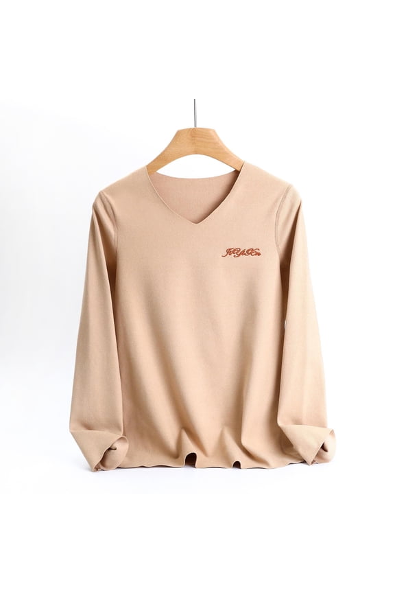 Ladies' Thermal Long-Sleeved V-Neck Undershirt, Color Fleece, Solid Color Jersey, Warm - Comfortable Base Layer