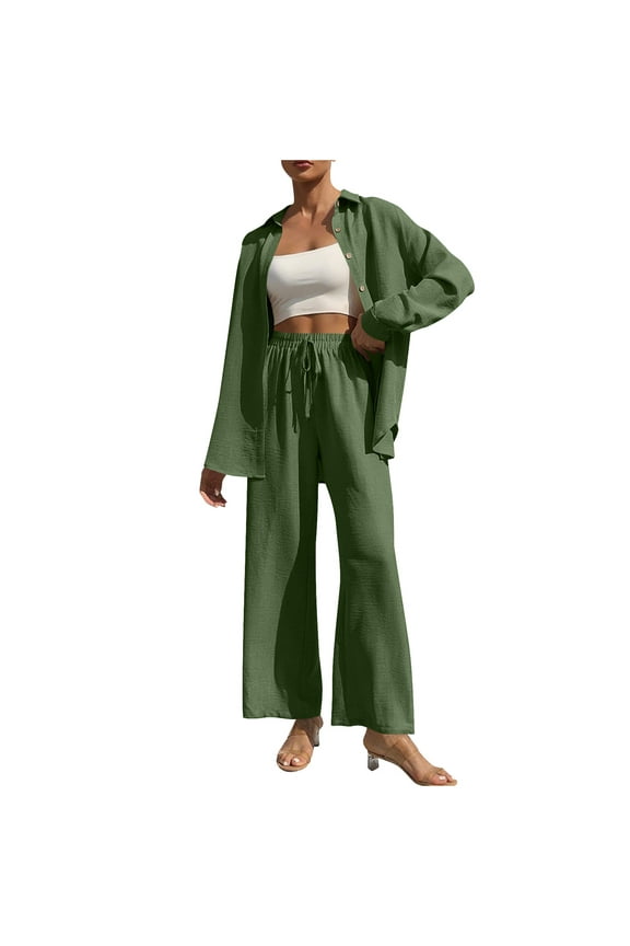 Long Cardigans for Women, Wide Leg Pants, Buttons for Pants, Women'S Casual Holiday Solid Color Loose Button Cardigan Long Sleeved Wide Leg Pants Set, Womens Loose Pants