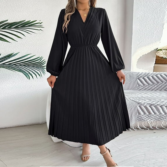 SDNall Long Dresses for Women, Womens Fashion Dresses, Womens Fashion Long Sleeve-Neck Solid Color Waist in Bouffant Dresses