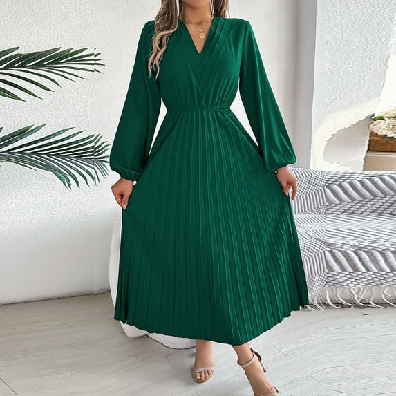 SDNall Long Dresses for Women, Womens Fashion Dresses, Womens Fashion Long Sleeve-Neck Solid Color Waist in Bouffant Dresses