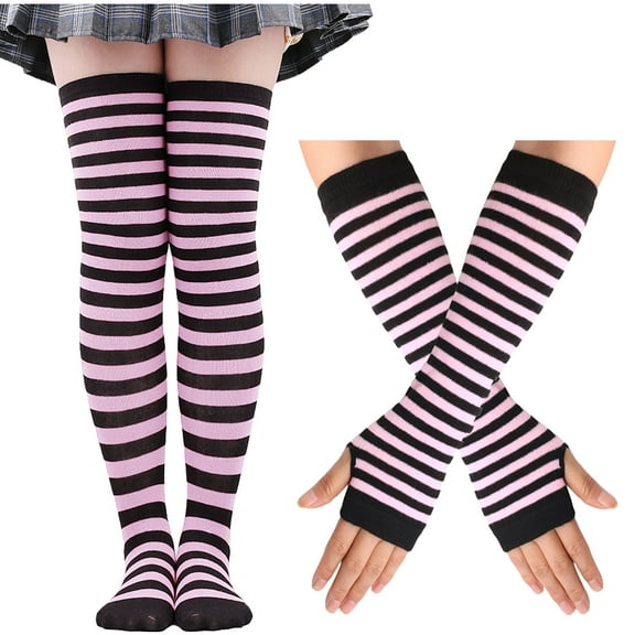 SDNall Long Gloves Knitted Warm Arm Mitten and A Set of Long Socks Suit Striped Thigh High Socks and Striped Fingerless Gloves ( Black)