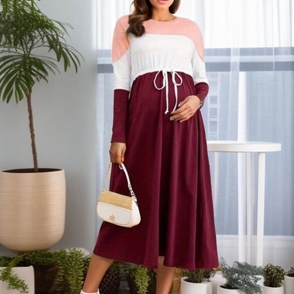 SDNall Long Lace Dress, Lace Up Dress, Color Blocked Waist Pleat Large Hem Pregnant Dress Long Sleeved Lace Up Round Neck Fashionable Temperament Elegant Pregnant Dress