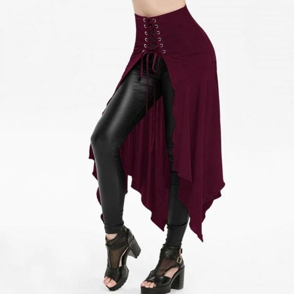 SDNall Long Skirts for Women Halloween Gothic Punk Asymmetric Lace-Up Slit Front Skirt A-Line Skirt Womens Skirts (Wine, Sizes S-XL)
